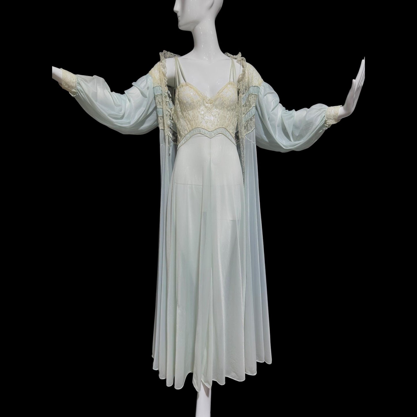 1930s Vintage nightgown robe set, sheer and ethereal blue nylon and white lace slip dress and peignoir set