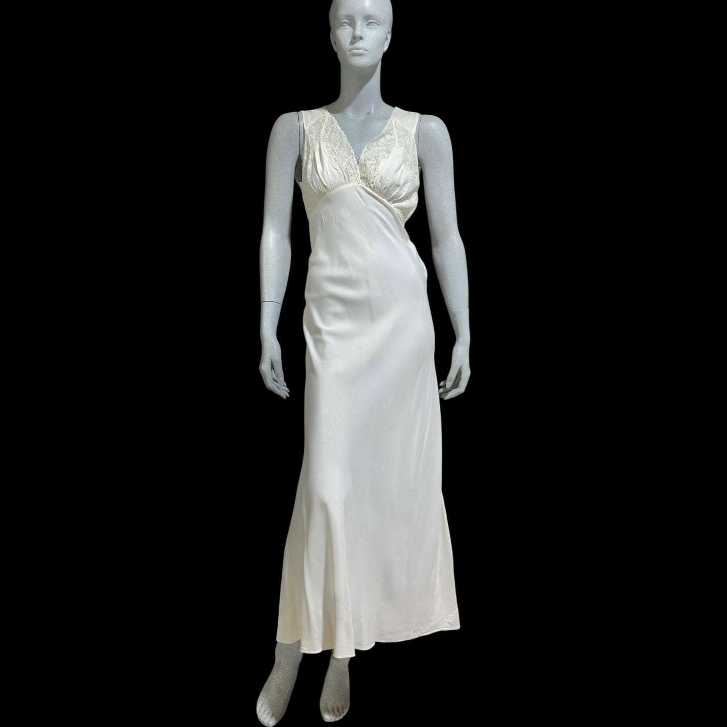 1930s vintage Nightgown slip dress, White rayon and lace bias cut night dress, full length with side snaps