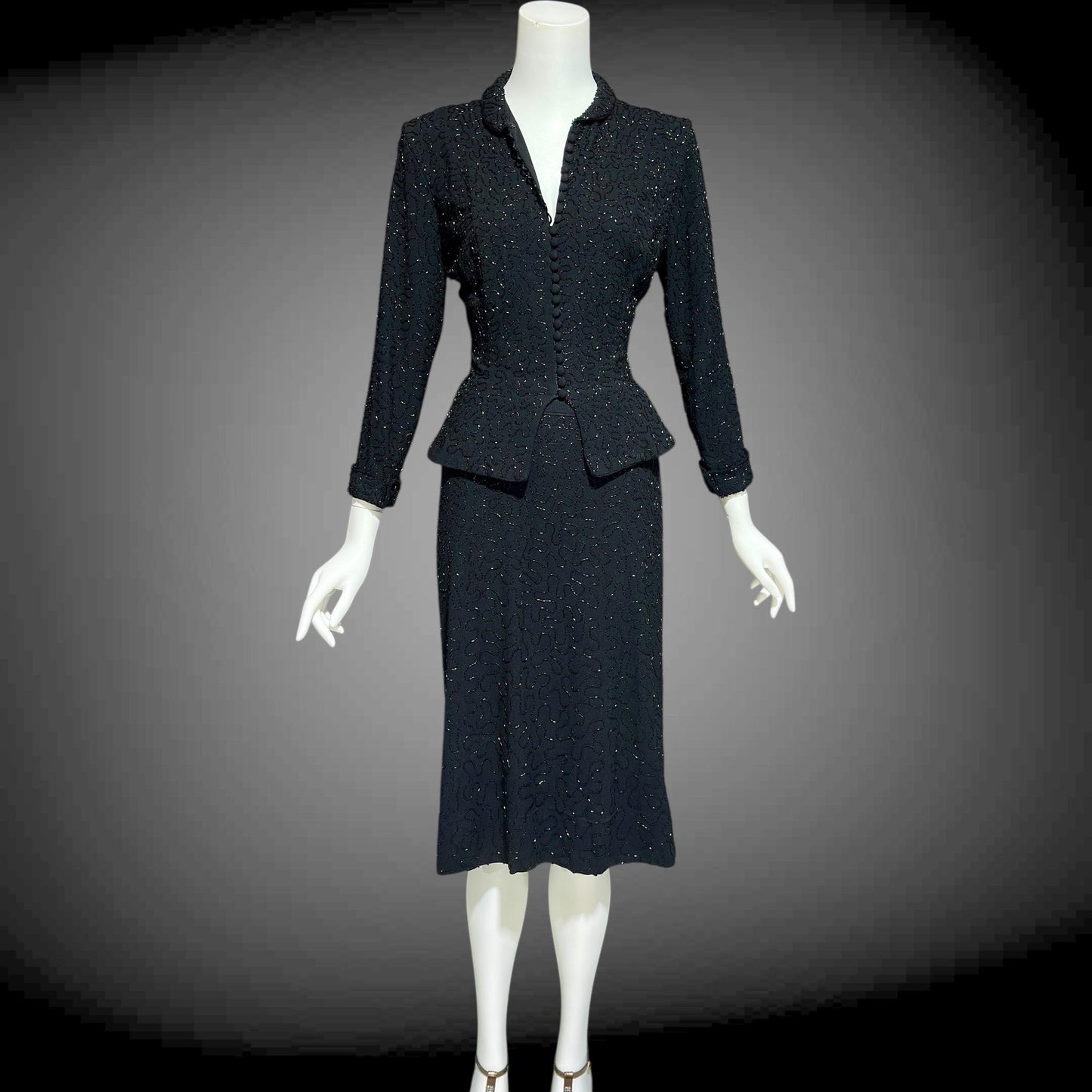 CEIL CHAPMAN vintage 1940s Beaded Evening Suit, Black crepe Cocktail Skirt and Jacket set