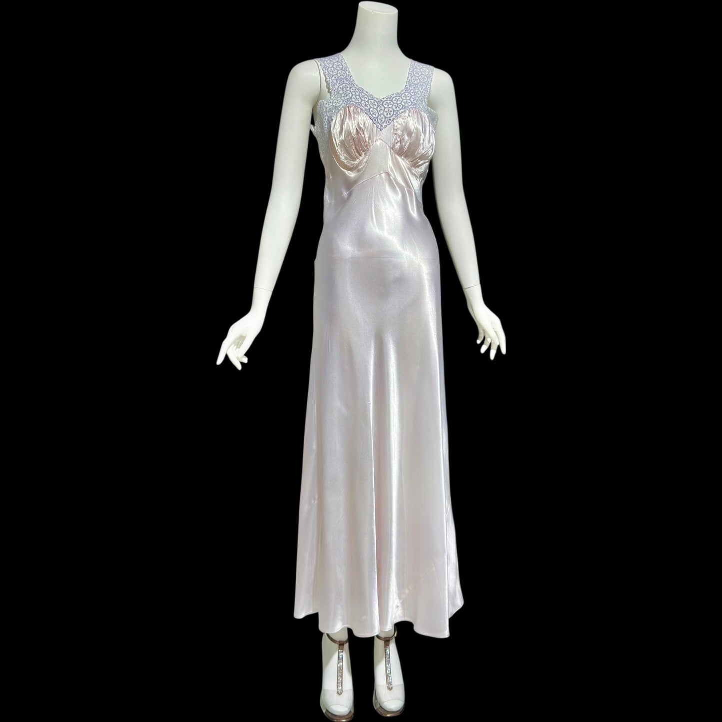 1940s vintage Nightgown slip dress, Shiny bias cut lavender night dress, full length with blue eyelet lace