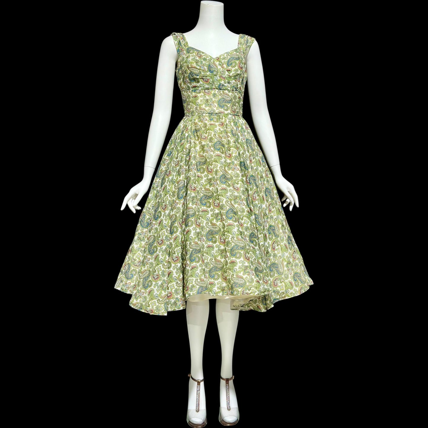 JD JUNIOR ACCENT, vintage 1940s dress, Bombshell Cocktail party sundress, Shelf bust dress, Green paisley rhinestone pinup dress