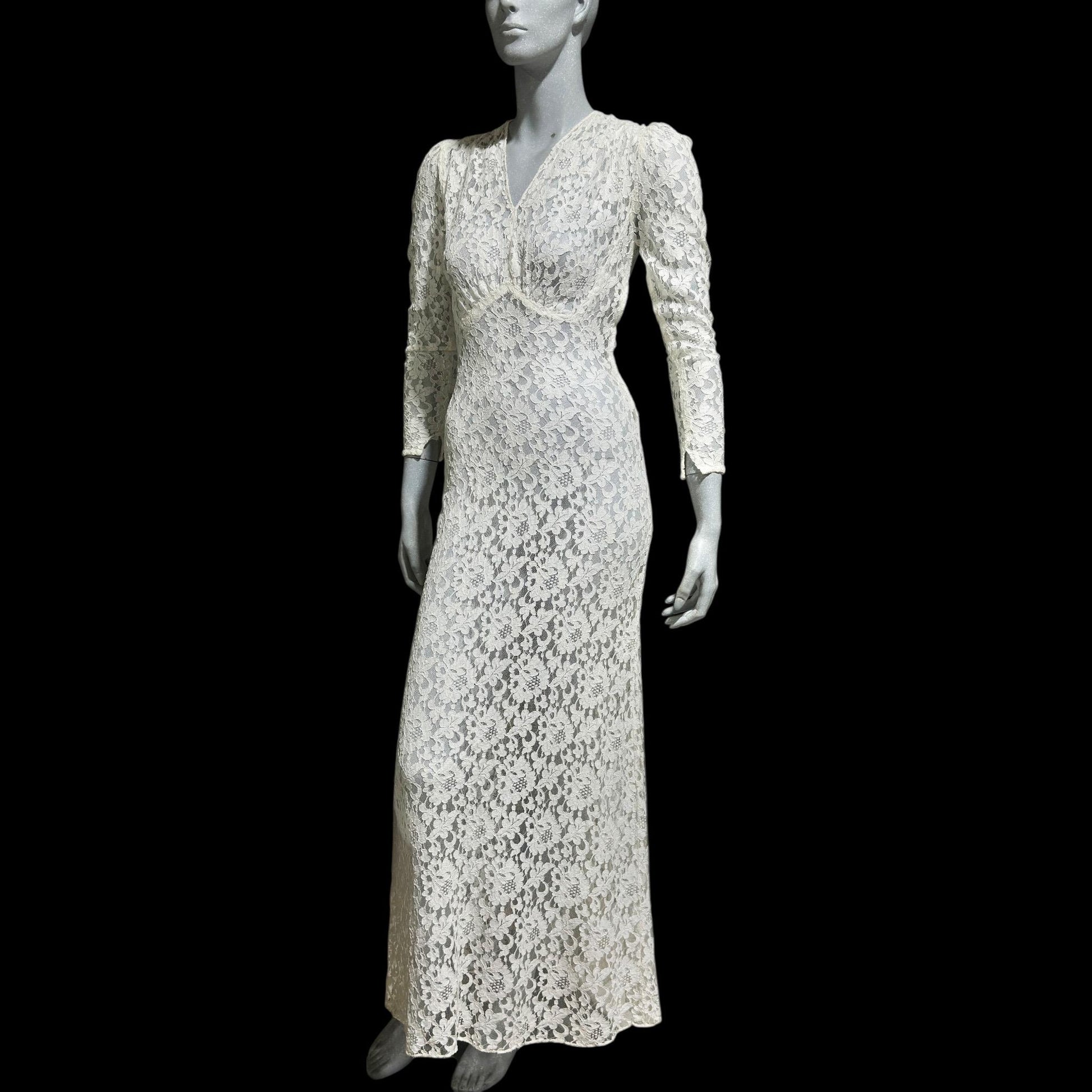 1940s vintage wedding bridal dress, white see through lace sheath full length gown