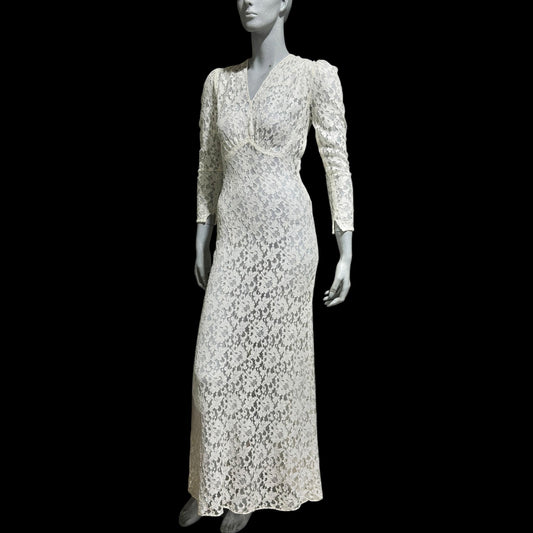 1940s vintage wedding bridal dress, white see through lace sheath full length gown
