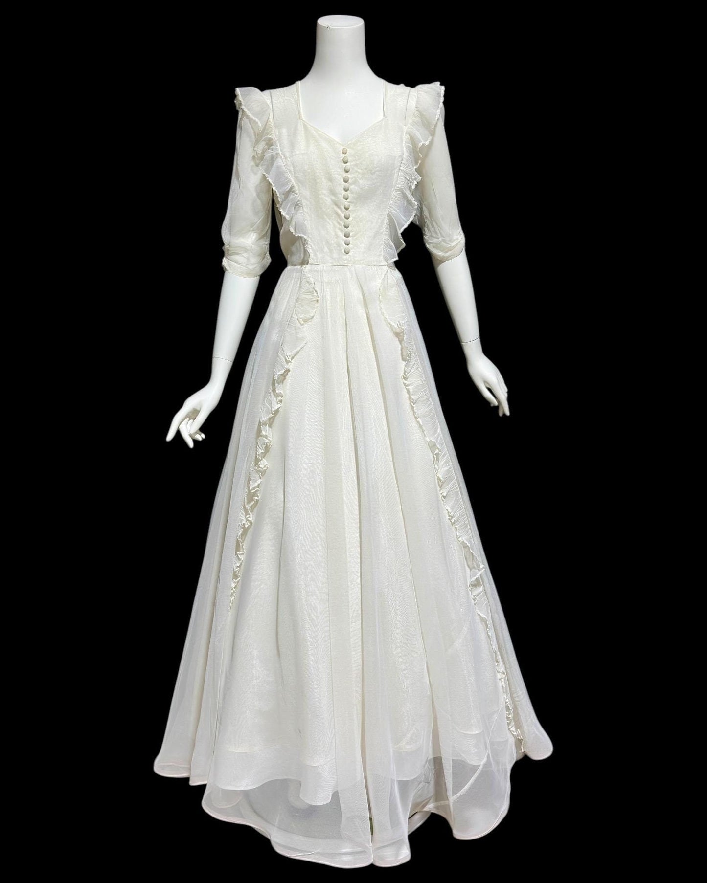 1940s vintage evening dress, White mesh ruffle wedding prom dress with full skirt