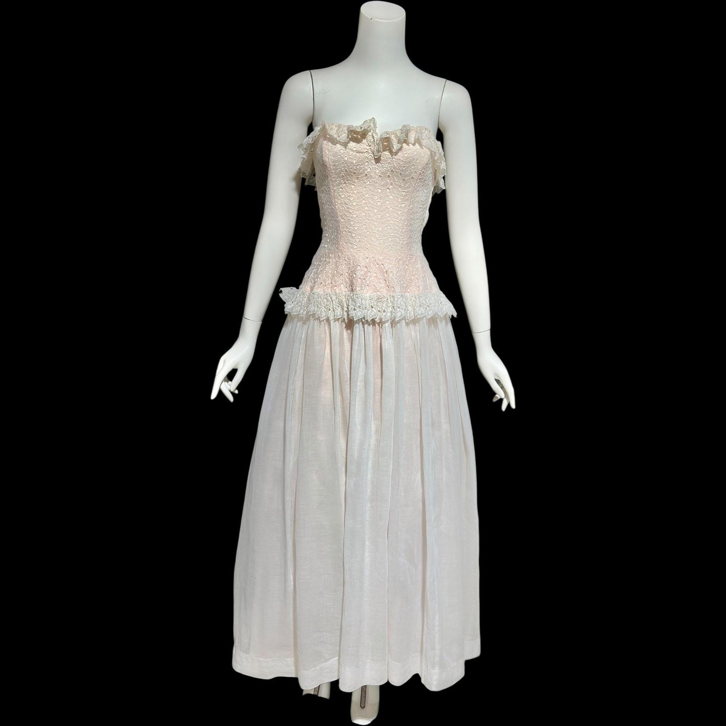 1940s vintage dress gown, soft petal pink and white cotton eyelet, with white organdy evening wedding gown
