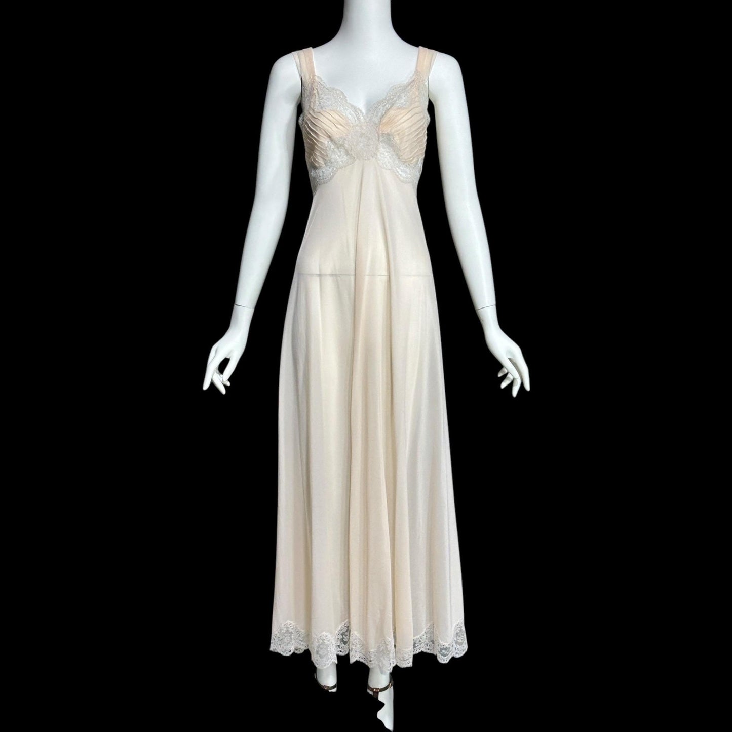 ROGERS vintage 1950s nightgown slip dress, ethereal soft peach chiffon and lace pin tucks, full length