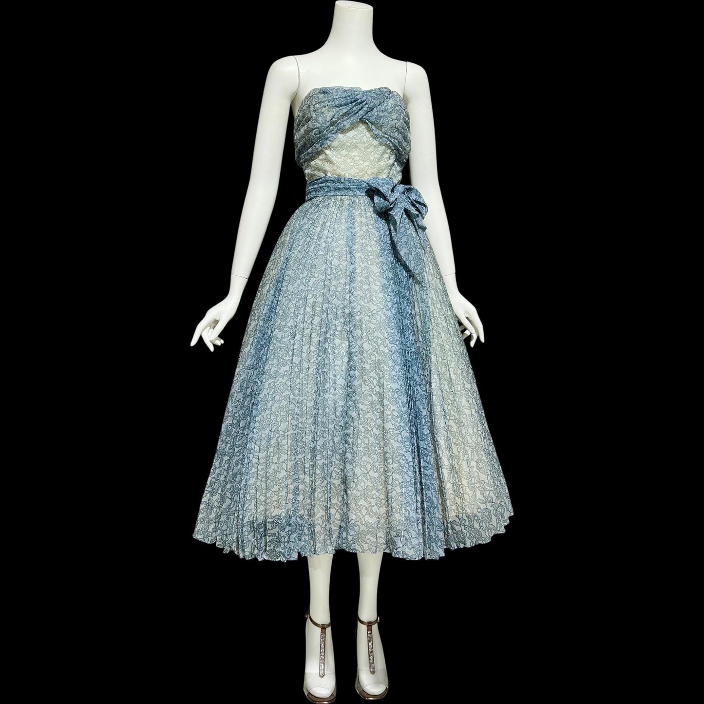 1950s vintage Pleated Party Dress: Slate Blue Grey floral strapless Cocktail Prom Dress