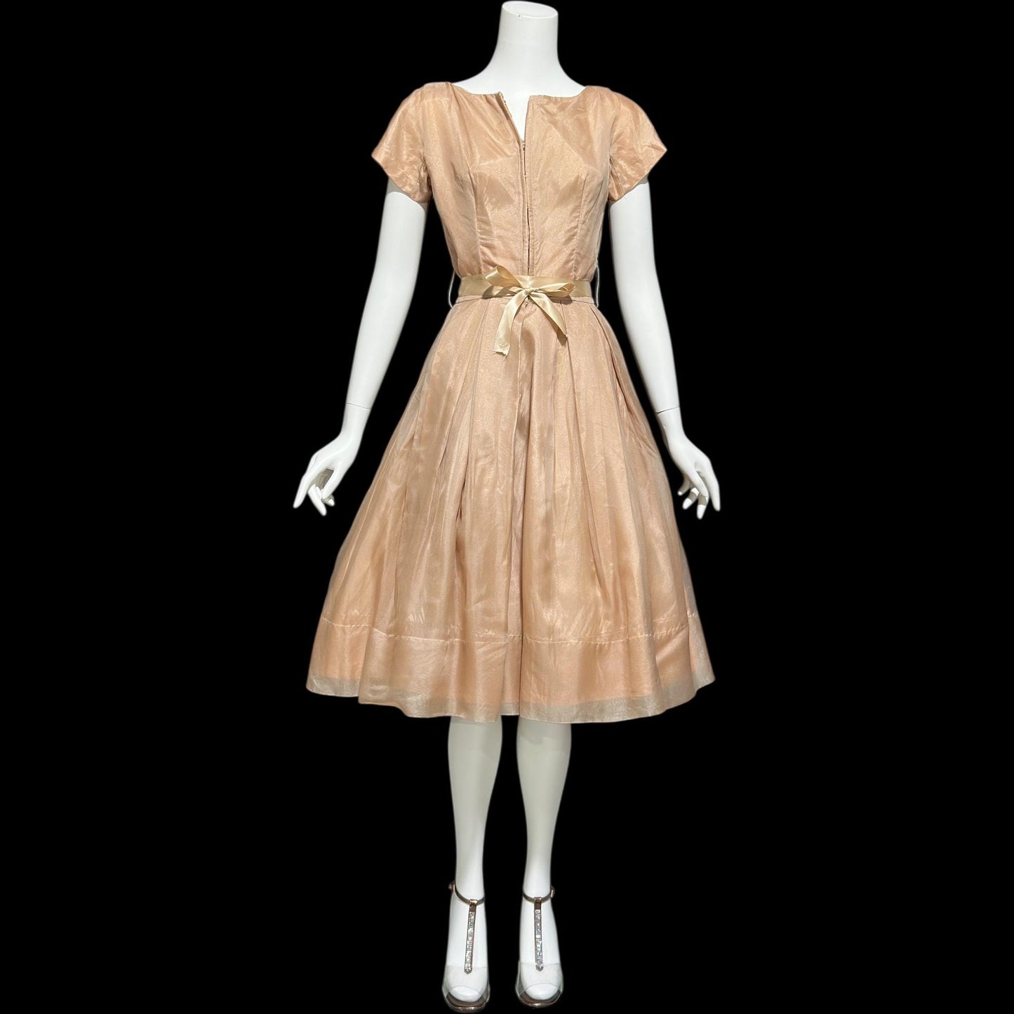 GIGI YOUNG, vintage 1950s dress, Toasty Caramel organza cocktail party dress, pleated fit & flare evening dress