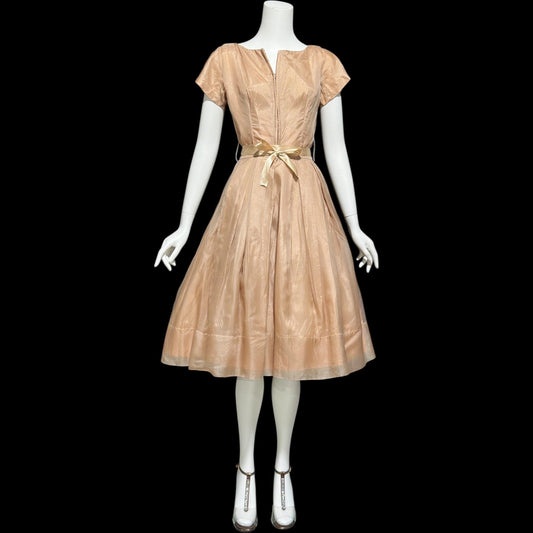 GIGI YOUNG, vintage 1950s dress, Toasty Caramel organza cocktail party dress, pleated fit & flare evening dress