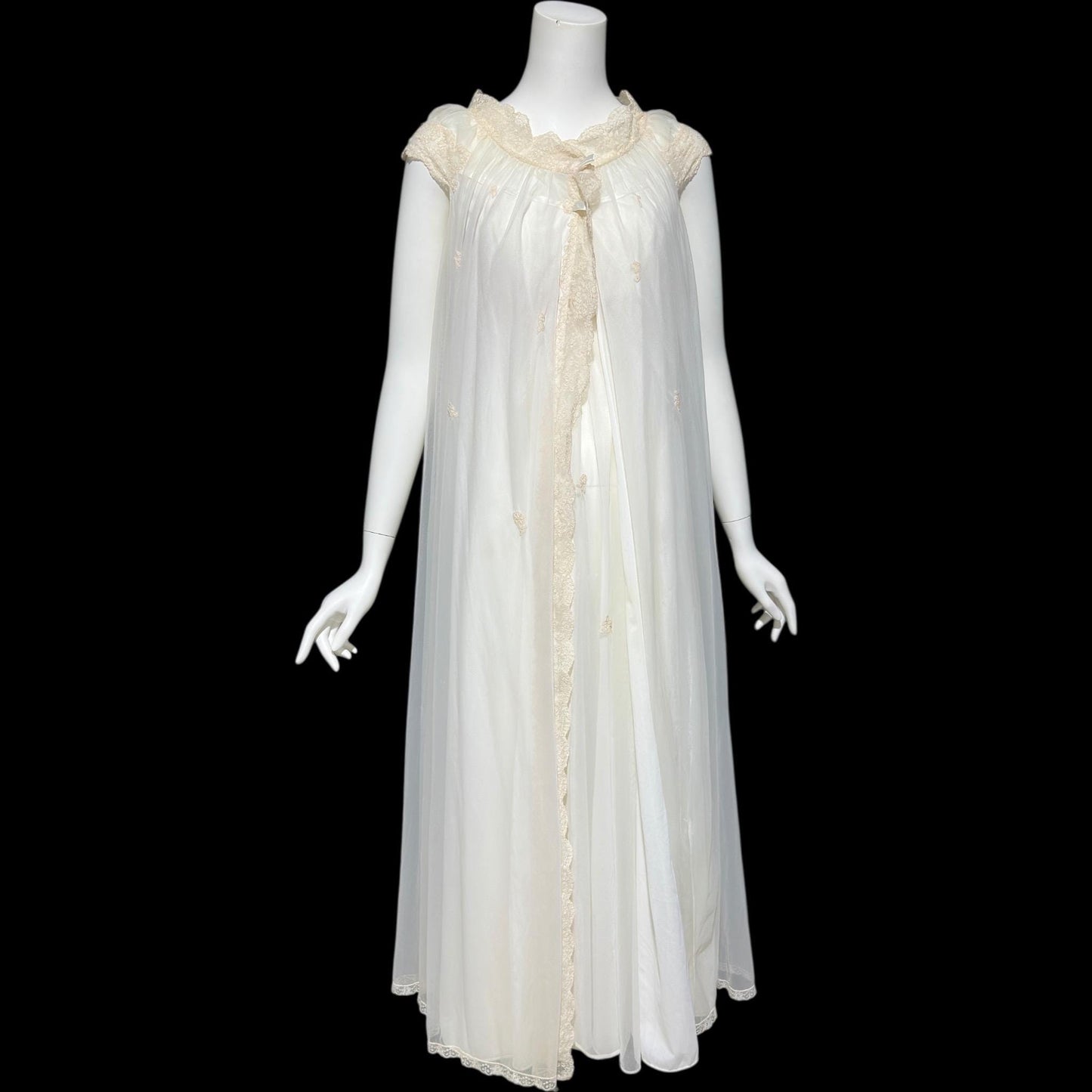 SAKS FIFTH AVENUE, vintage 1950s peignoir set, sheer white bridal nightgown slip dress and dressing gown