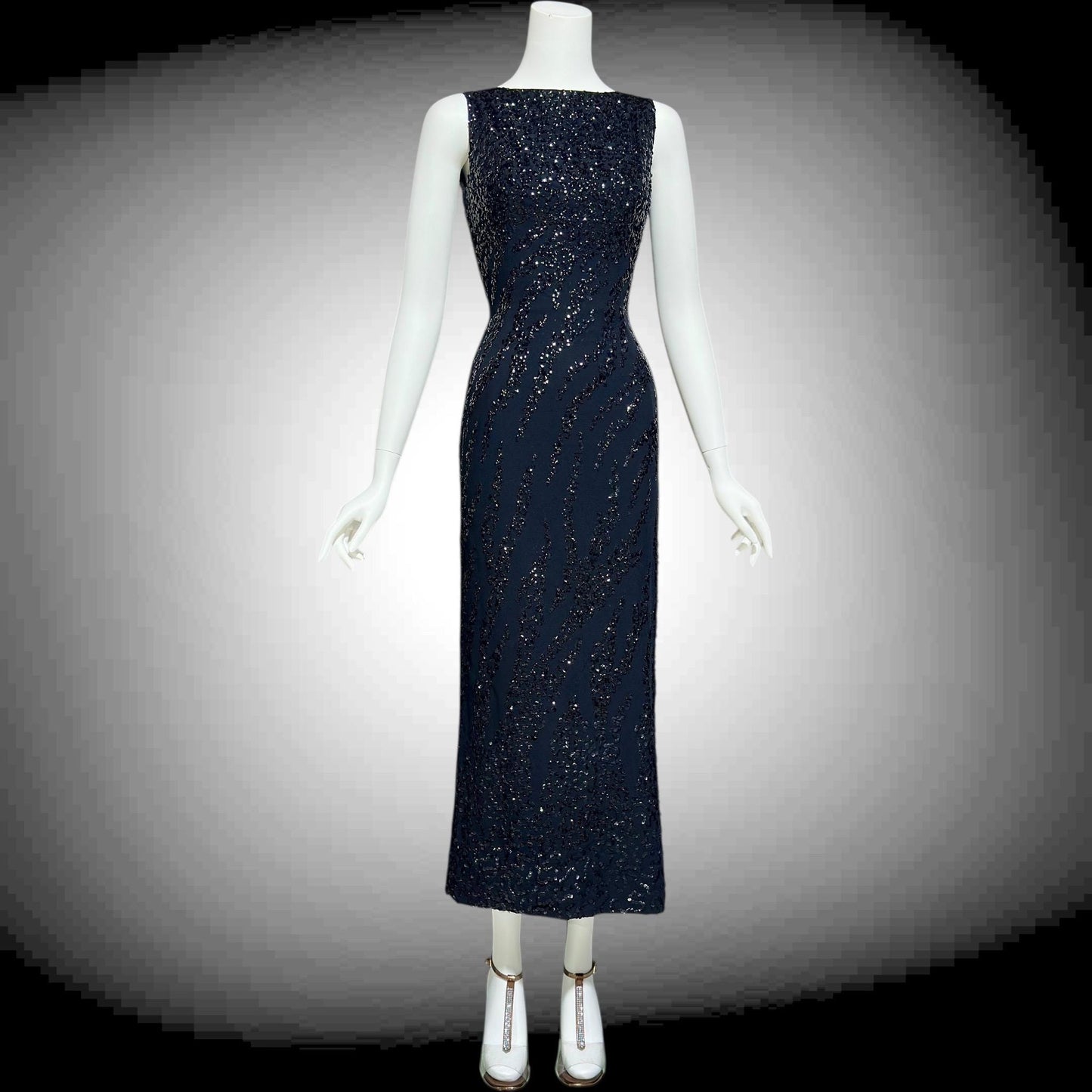 FRANK STARR Vintage 1960s evening gown dress, Lord & Taylor, black sequin sheath evening gown