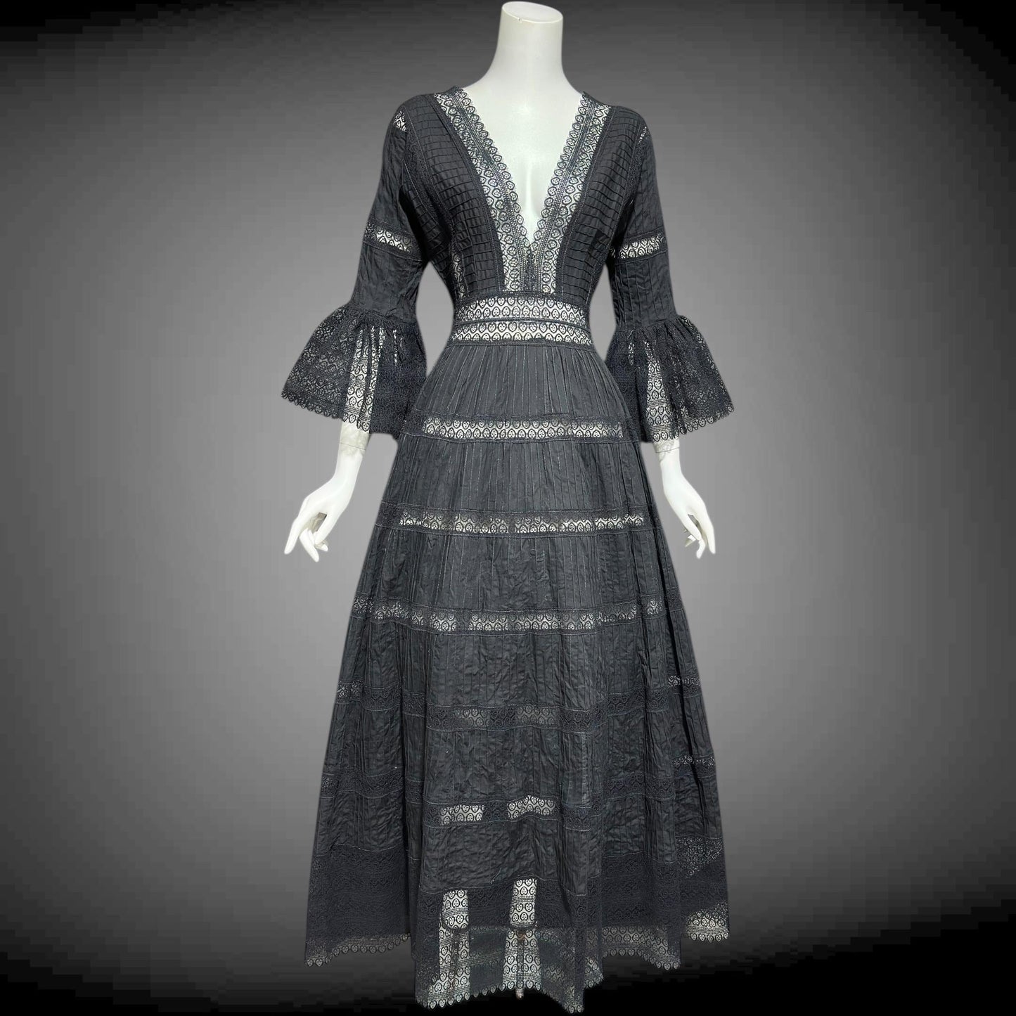 1970s vintage Mexican Wedding dress, Black cotton blend Deep V ball gown, long bell Sleeves, Maxi Hippie Bohemian gown