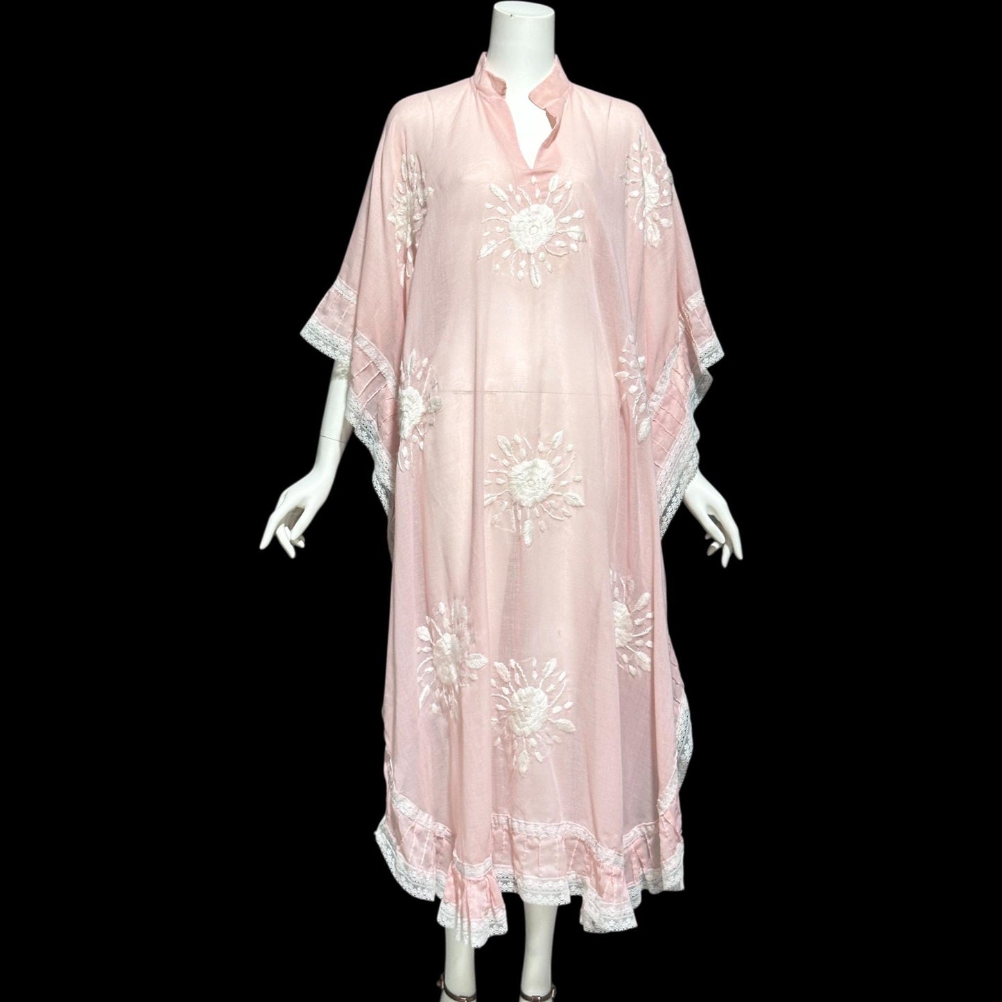 1970s Vintage sheer caftan dress, baby pink cotton poly blend with white embroidered flowers, loose house dress, hostess lounging gown