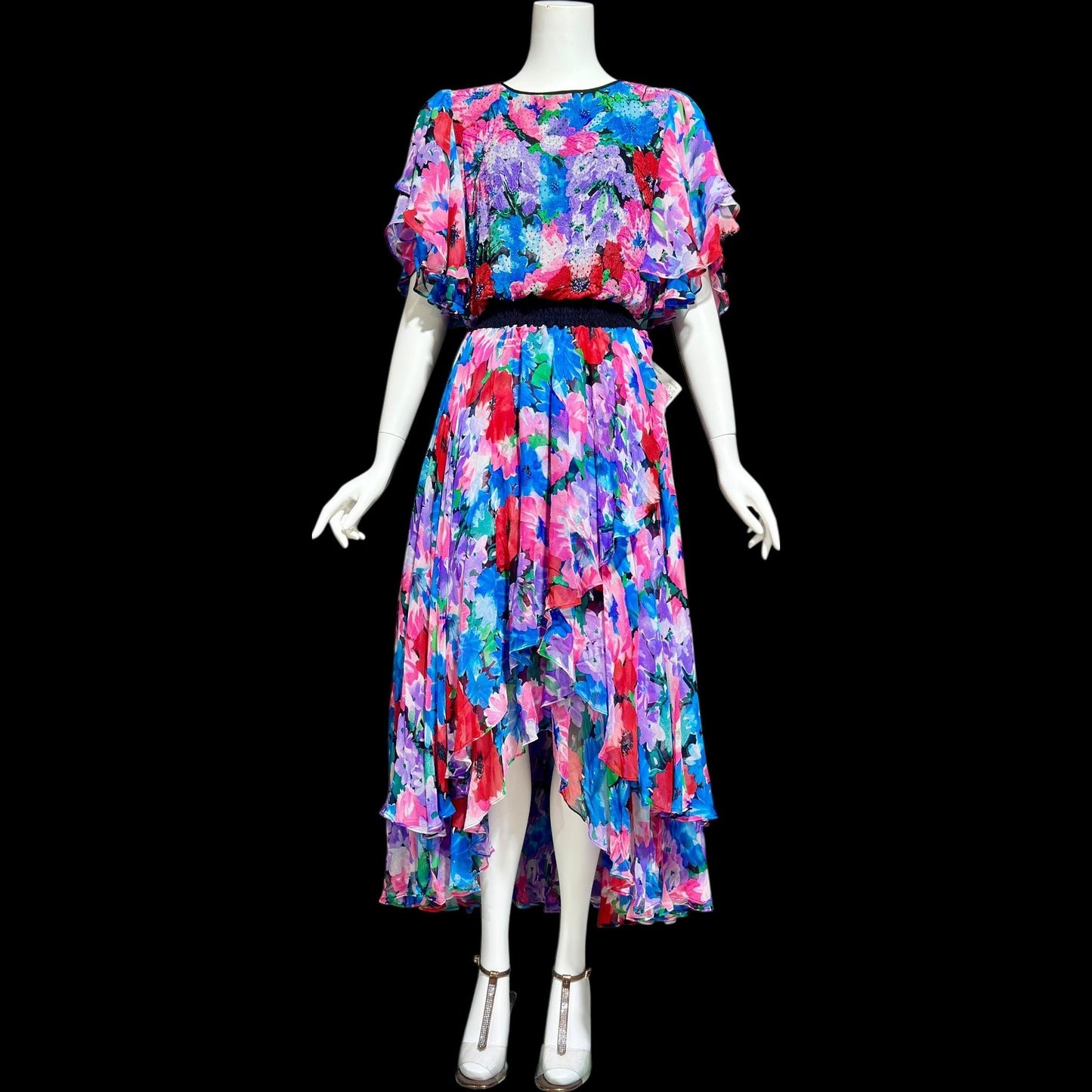 DIANE FREIS vintage 1980s silk dress, Neiman Marcus deadstock floral gypsy dress, flutter sleeves high low ruffle party dress