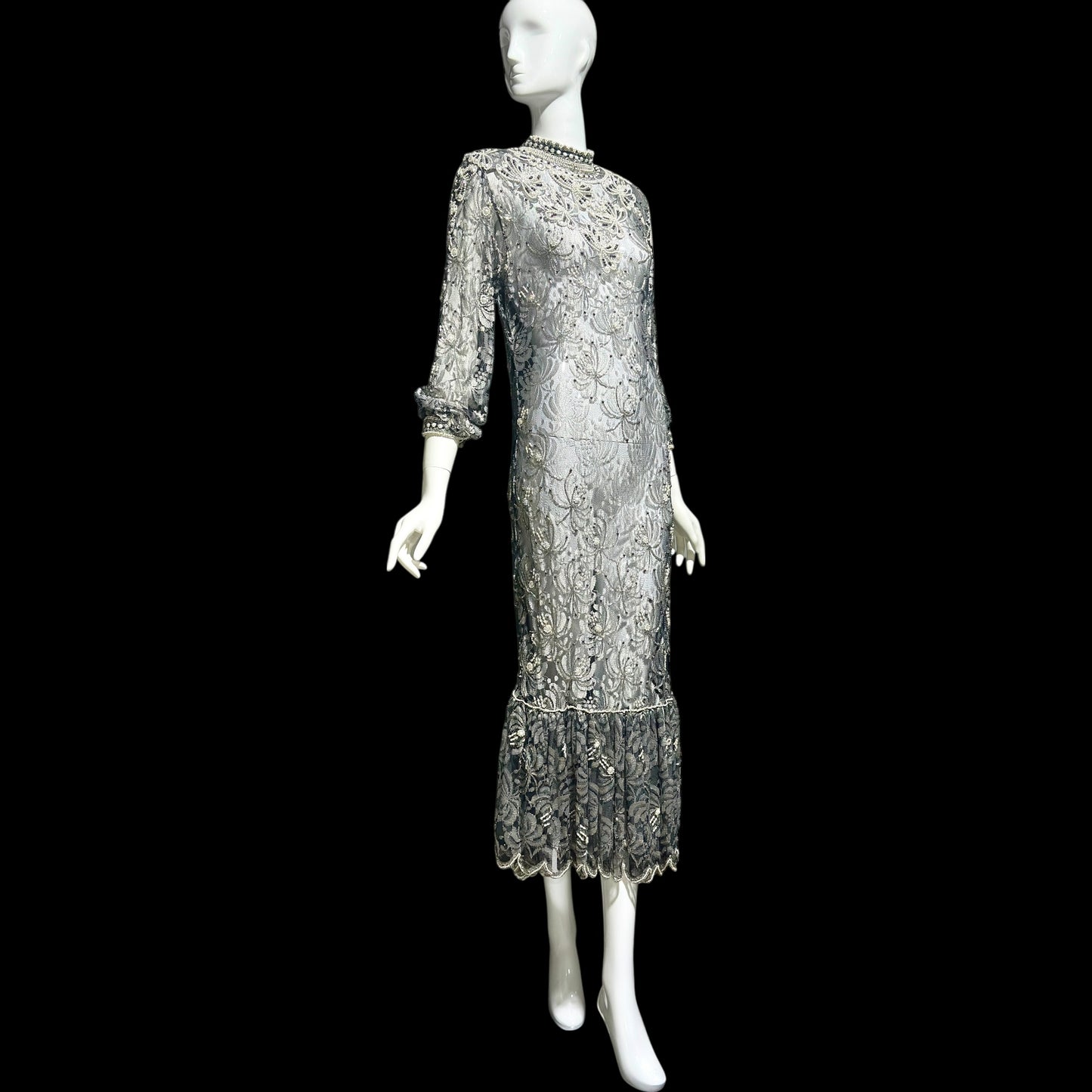 JUDITH ANN, Vintage 1980s sheer beaded dress, Black sheer mesh with beads, Hight neck with ruffle sheath cocktail party dress