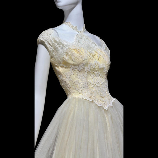 MARIE FOR PANDORA, vintage 1950s wedding dress, Lace high neck Bridal Cupcake Ball Gown