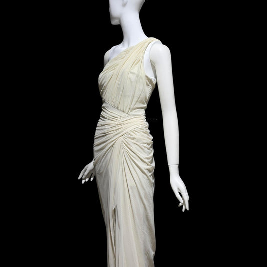 TADASHI Vintage evening dress gown, 1980s Grecian bodycon white ruched gown