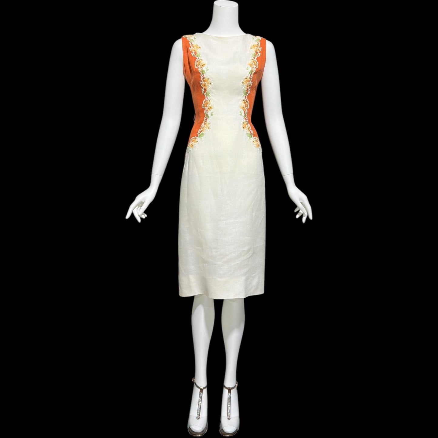 CHARLES WARNER, vintage 1960s Linen day dress, organza floral trim, Cocktail Party luncheon dress