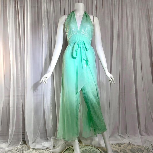 ESTEVEZ vintage 1970s evening jumpsuit, Disco Studio 54 Sea foam Green cocktail sequin halter jumpsuit