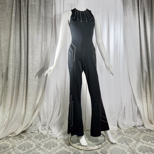 ESTIVO vintage 1970s bell bottom jumpsuit, black poly knit disco jumpsuit, embroidery & rhinestones