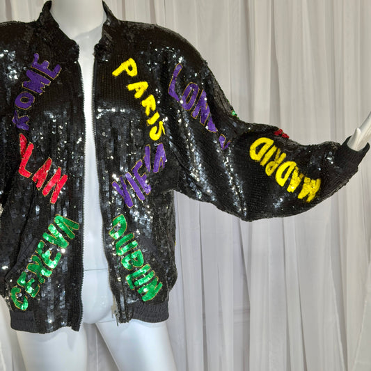 1980s vintage bomber jacket, World Traveler black sequin coat, Large