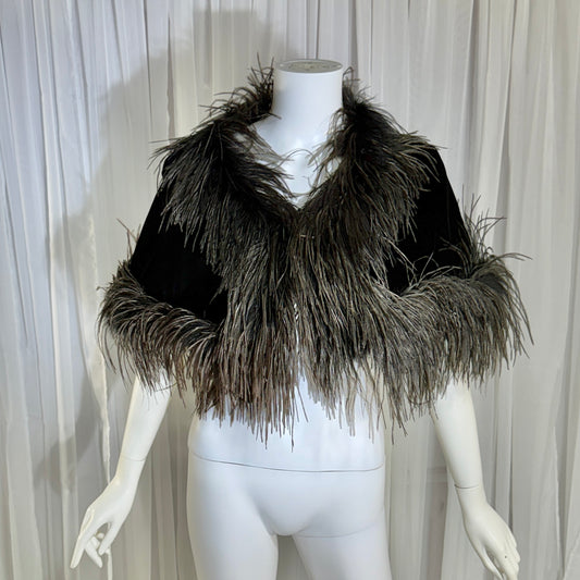 1980s Vintage Ostrich Feather Cape Shawl, Black velvet evening shoulder wrap