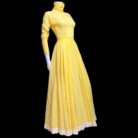 LILLIE RUBIN vintage 1970s evening dress gown, lemon yellow windowpane plaid ball gown