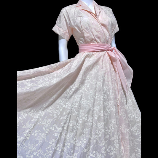 SAKS FIFTH AVENUE vintage 1950s dressing gown house dress, pink flocked floral wrap dress