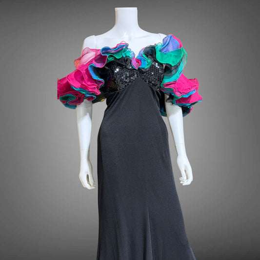EUGENE ALEXANDER, vintage 1980s evening gown, Black sheath dress, HUGE ruffle collar, Sequin Bodice, on or off shoulders