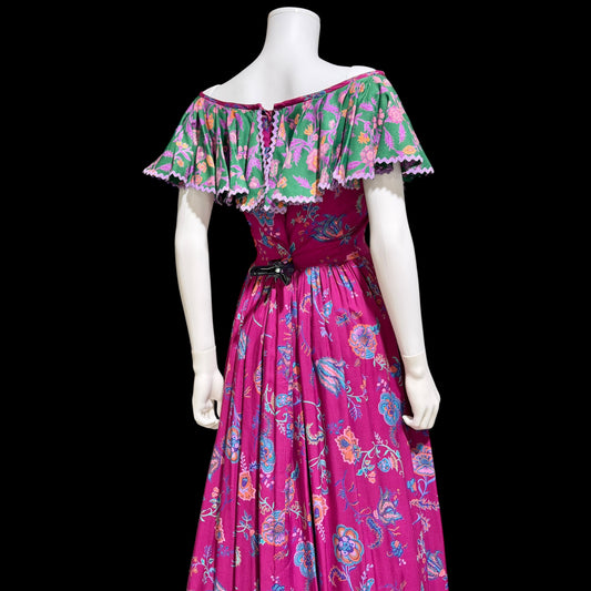 MOLLIE PARNIS Morty Sussman, Bergdorf Goodman, vintage 1970s 1979 evening dress, floral ruffle collar dress, Off shoulder