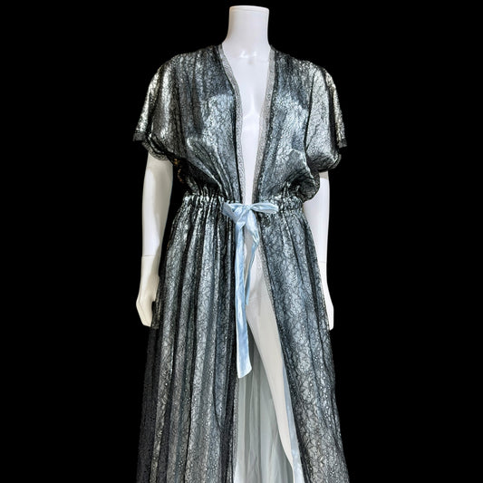 JUVENTA vintage 1930s dressing gown robe, sheer black lace with blue satin peignoir housecoat, Made in France