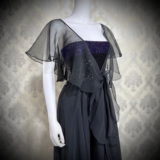 JEAN VARON, Made in England, vintage 1970s sequin and chiffon scarf evening dress