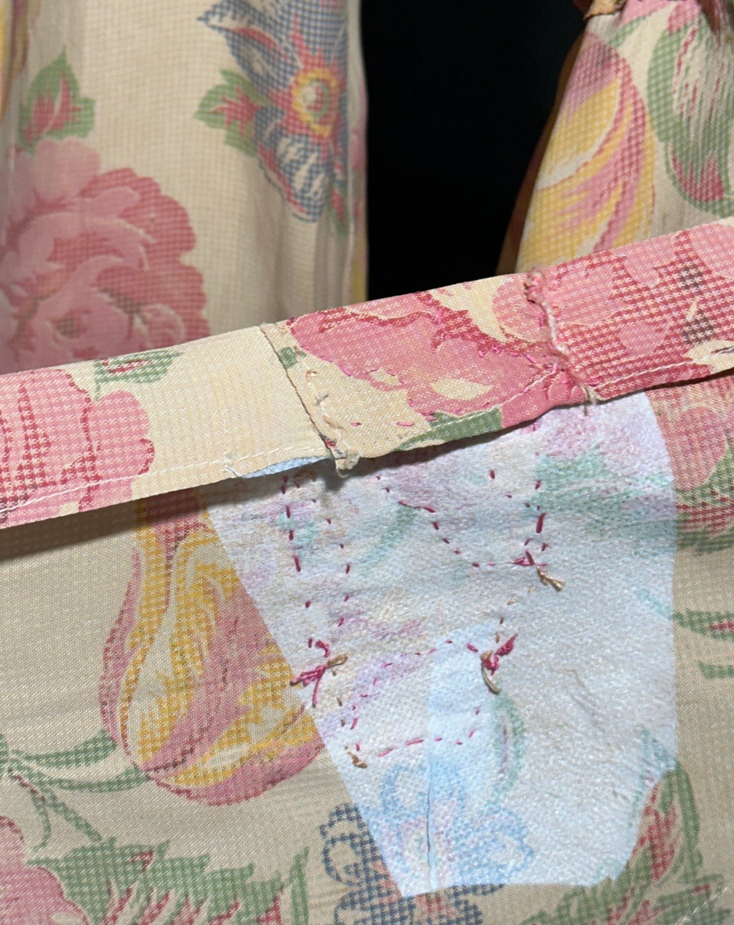 1930s vintage silk chintz floral robe, Dusty pink wrap front long house coat, Rehabilitated Wounded Bird