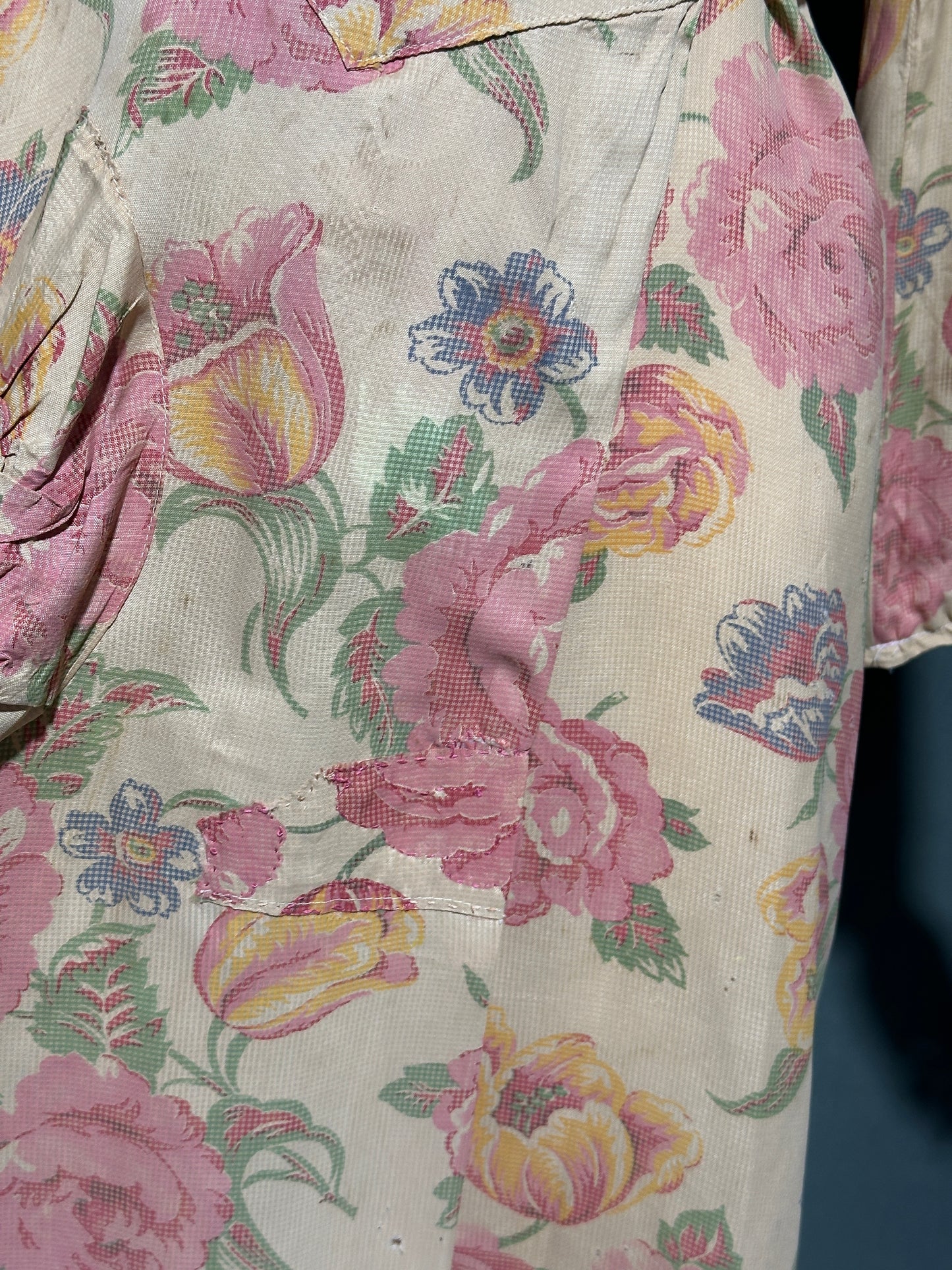 1930s vintage silk chintz floral robe, Dusty pink wrap front long house coat, Rehabilitated Wounded Bird
