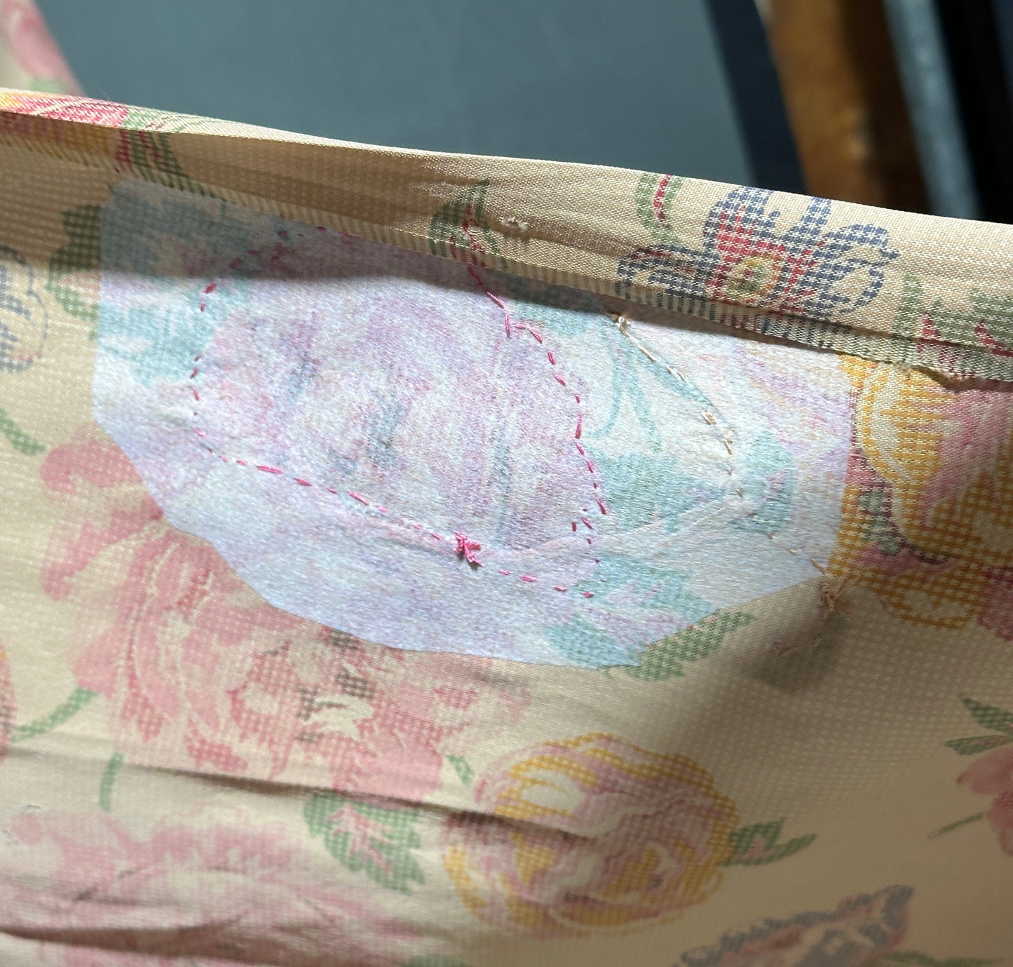 1930s vintage silk chintz floral robe, Dusty pink wrap front long house coat, Rehabilitated Wounded Bird