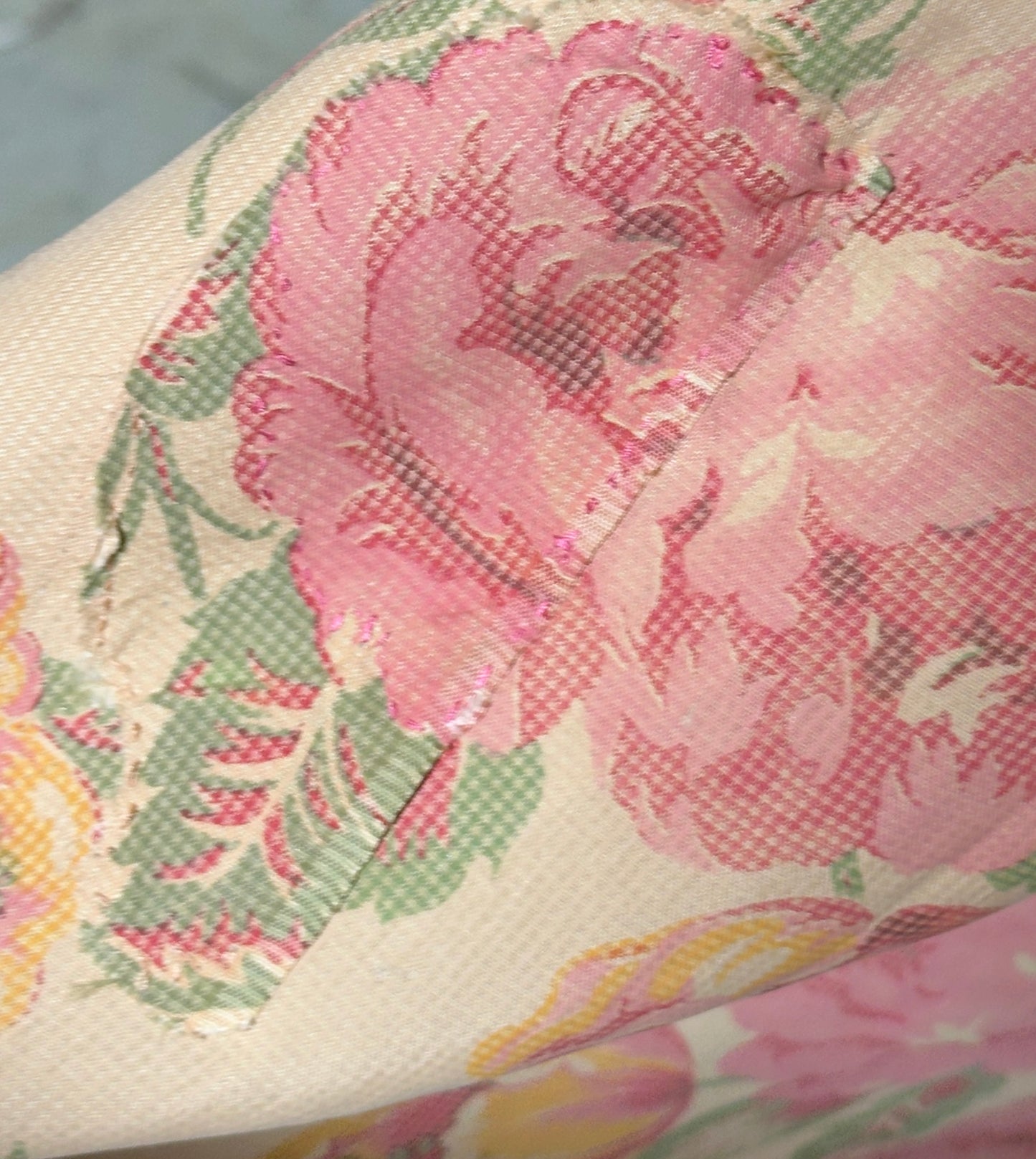 1930s vintage silk chintz floral robe, Dusty pink wrap front long house coat, Rehabilitated Wounded Bird