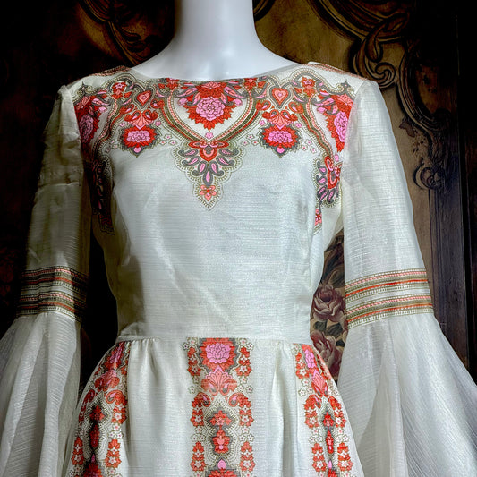 ALFRED SHAHEEN vintage 1970s maxi dress, hand screen print floral Hawaiian wedding dress