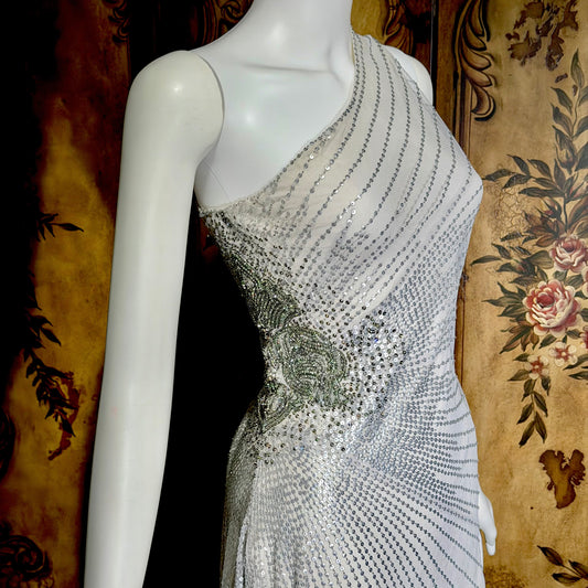 JENNY PACKHAM vintage evening dress gown, Y2K silver sequin one shoulder gown