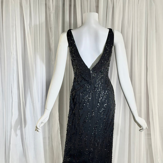FRANK STARR Vintage 1950s evening gown dress, Lord & Taylor, black sequin sheath evening gown