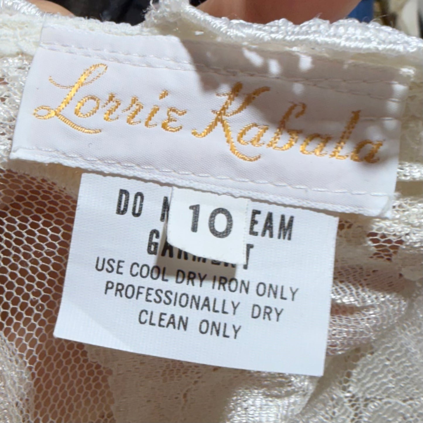 LORRIE KABALA Vintage 1980s wedding dress, white lace high neck sequins beads, removable sleeves & gloves
