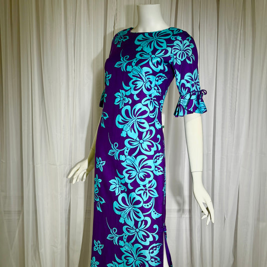 LORD & TAYLOR vintage 1960s Hawaiian evening dress, purple and blue floral print cotton dress