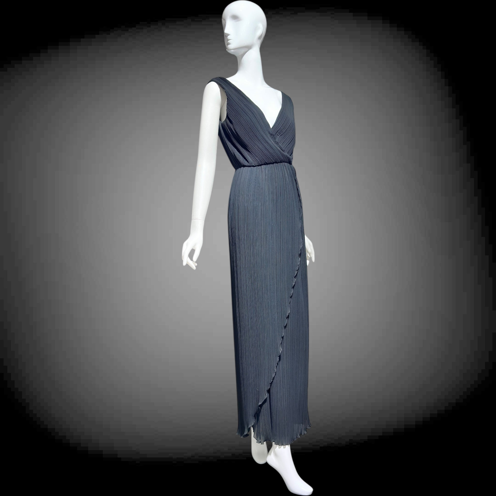 green emerald velvet dress MARSHALL ROUSSO Las Vegas, vintage 1970s evening dress, black pleated