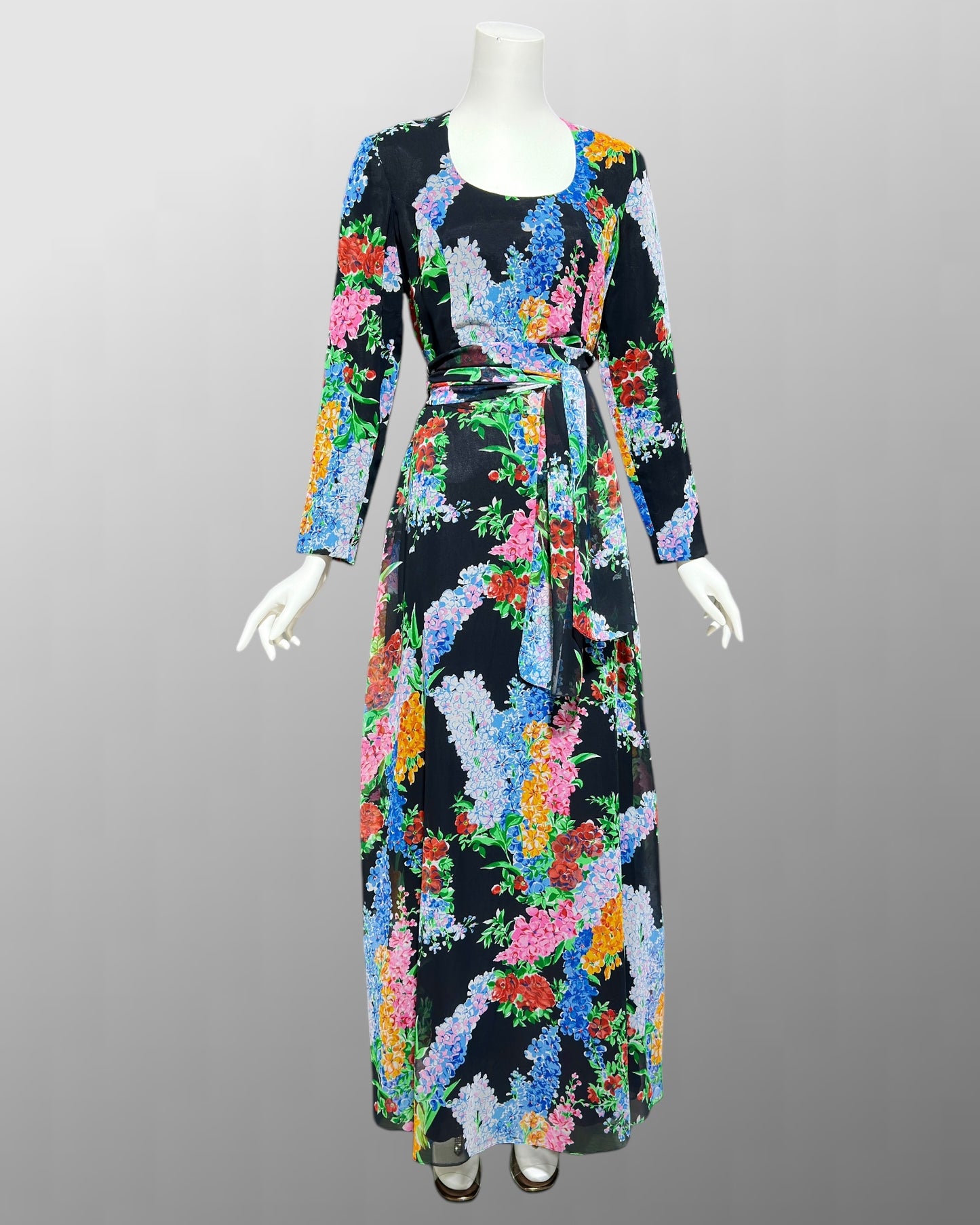 RAZOOK'S vintage 1970s evening dress, poly chiffon floral maxi dress