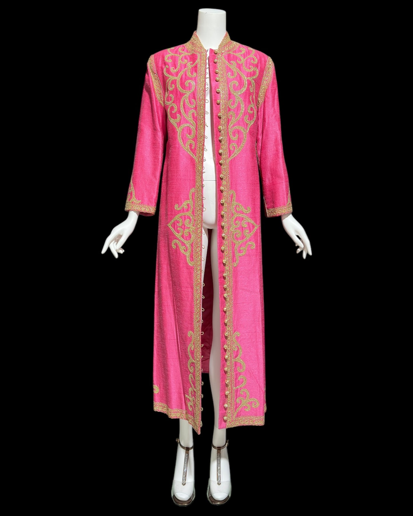 MOURJANA vintage 1960s raw silk Moroccan Kaftan caftan dress, Hand Made Hot Pink and gold metallic