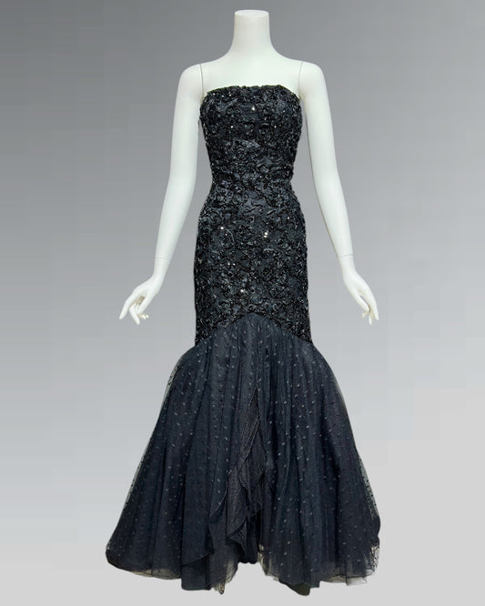 DAVID FIELDEN, 1980s Neiman Marcus, Black lace Mermaid sequin gown