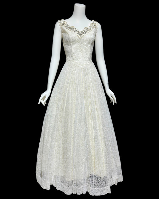 1940s vintage white lace wedding bridal dress, beaded full length bridal ball gown