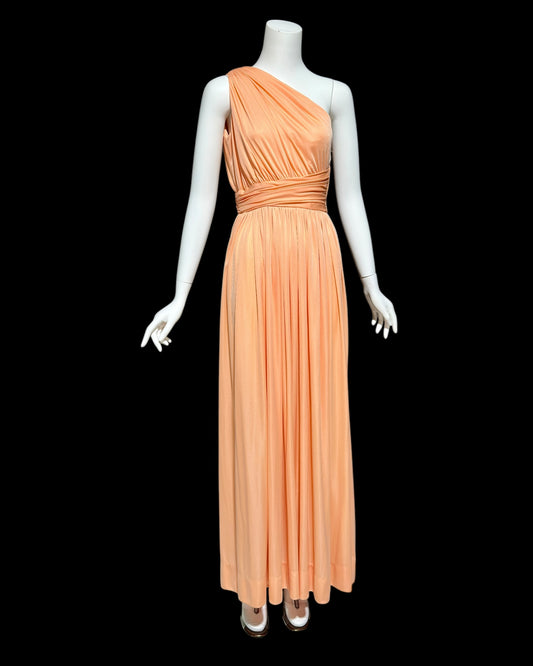 OLE BORDEN for Lillie Rubin, 1970s peach one shoulder evening gown, draped pleated grecian goddess gown