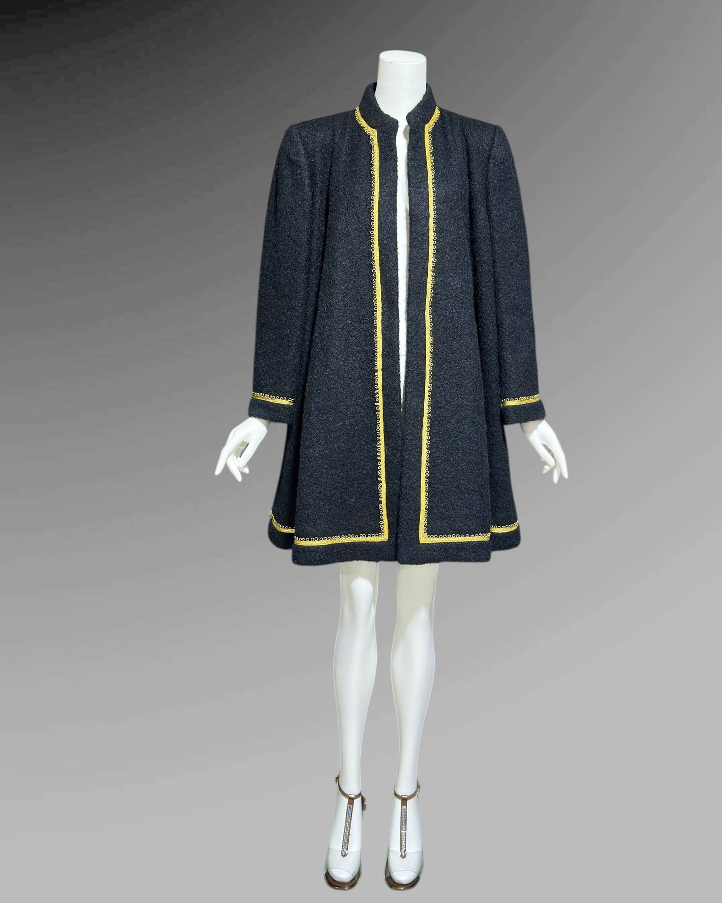 TRIGERE 1980s mohair swing coat, for SAKS 5th Ave Black mohair gold metallic cord