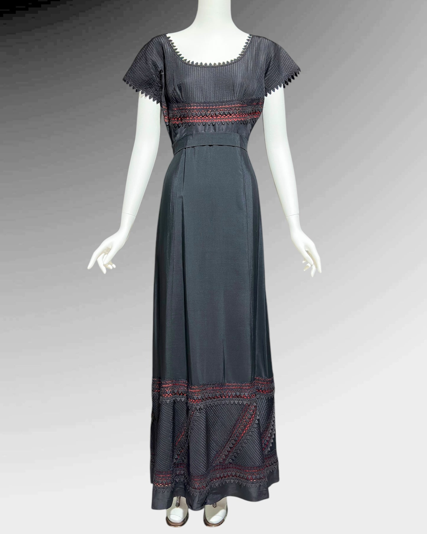 1960s vintage evening dress, Black and red satin gown, Pin tucks and see through lace