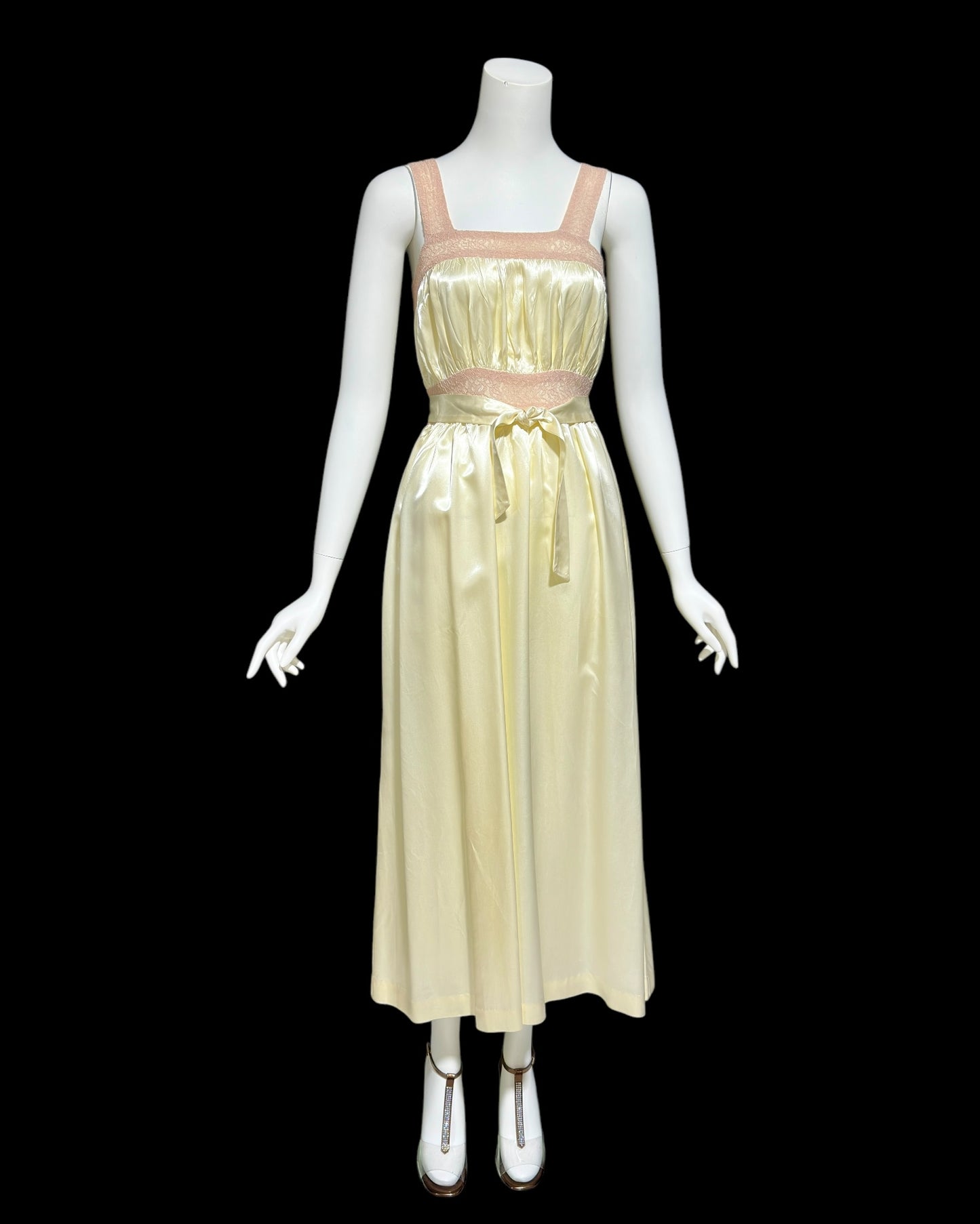 1930s vintage nightgown robe set, candlelight cream and old rose shiny night dress bridal trousseau